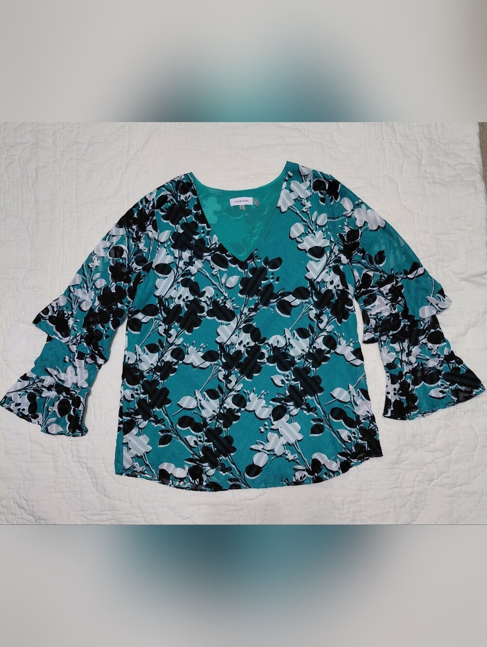 Calvin Klein Teal Black White Floral V-Neck Long Sleeve Top